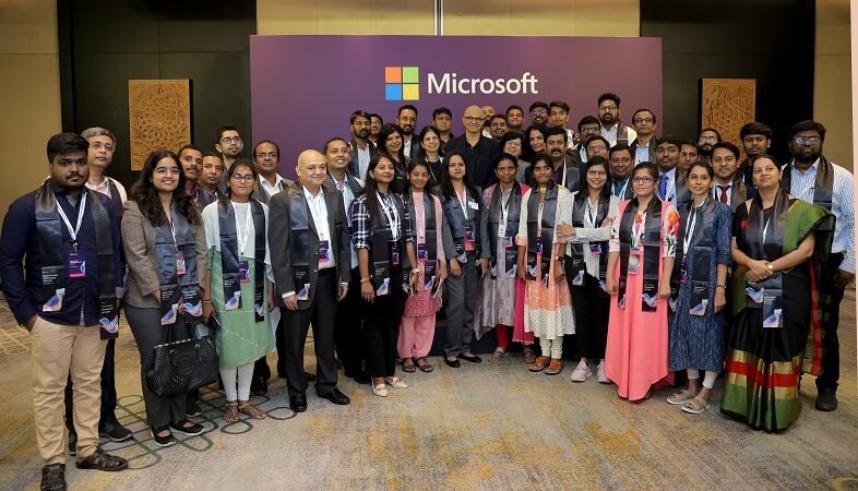 Satya Nadella, Chairman and CEO, Microsoft, with developers of Future Ready Champions of Code at the 'Microsoft Future Ready Technology Summit’ in Bengaluru, India, on Janua