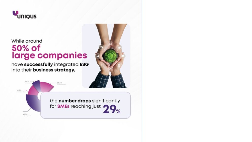 50 percent large companies have ESG integrated into business strategy while only 29 percent of SMEs have so